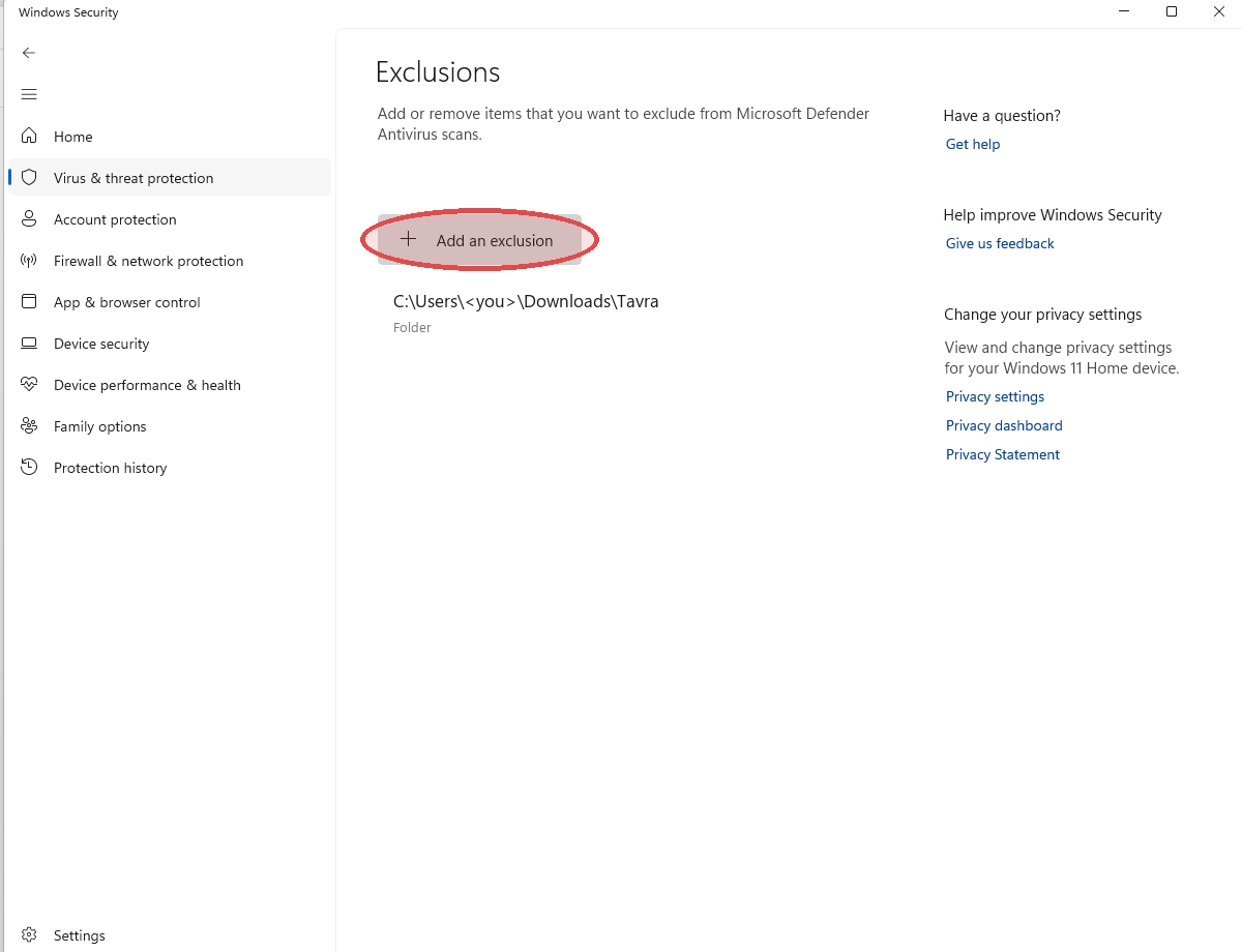 Exclusions page with the + Add an exclusion button circled in red