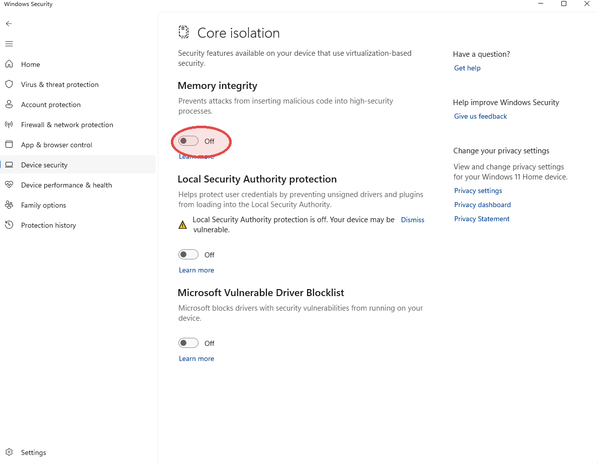 Core isolation page with the Memory integrity Off toggle circled in red