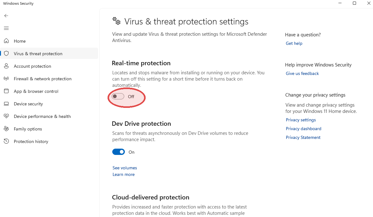 Virus and threat protection settings with the Real-time protection toggle circled in red