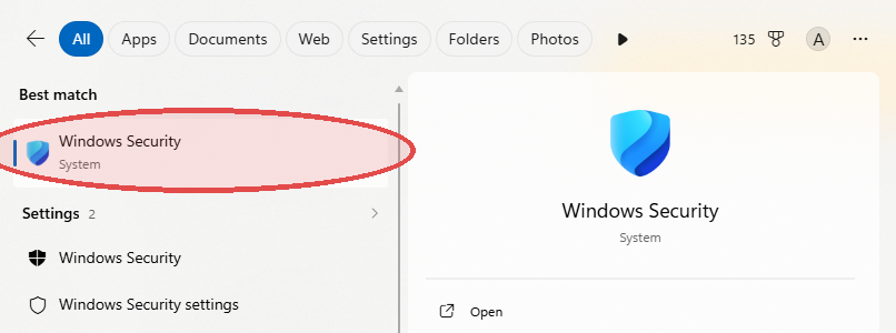 Windows Start menu search results showing Windows Security as the top match, circled in red